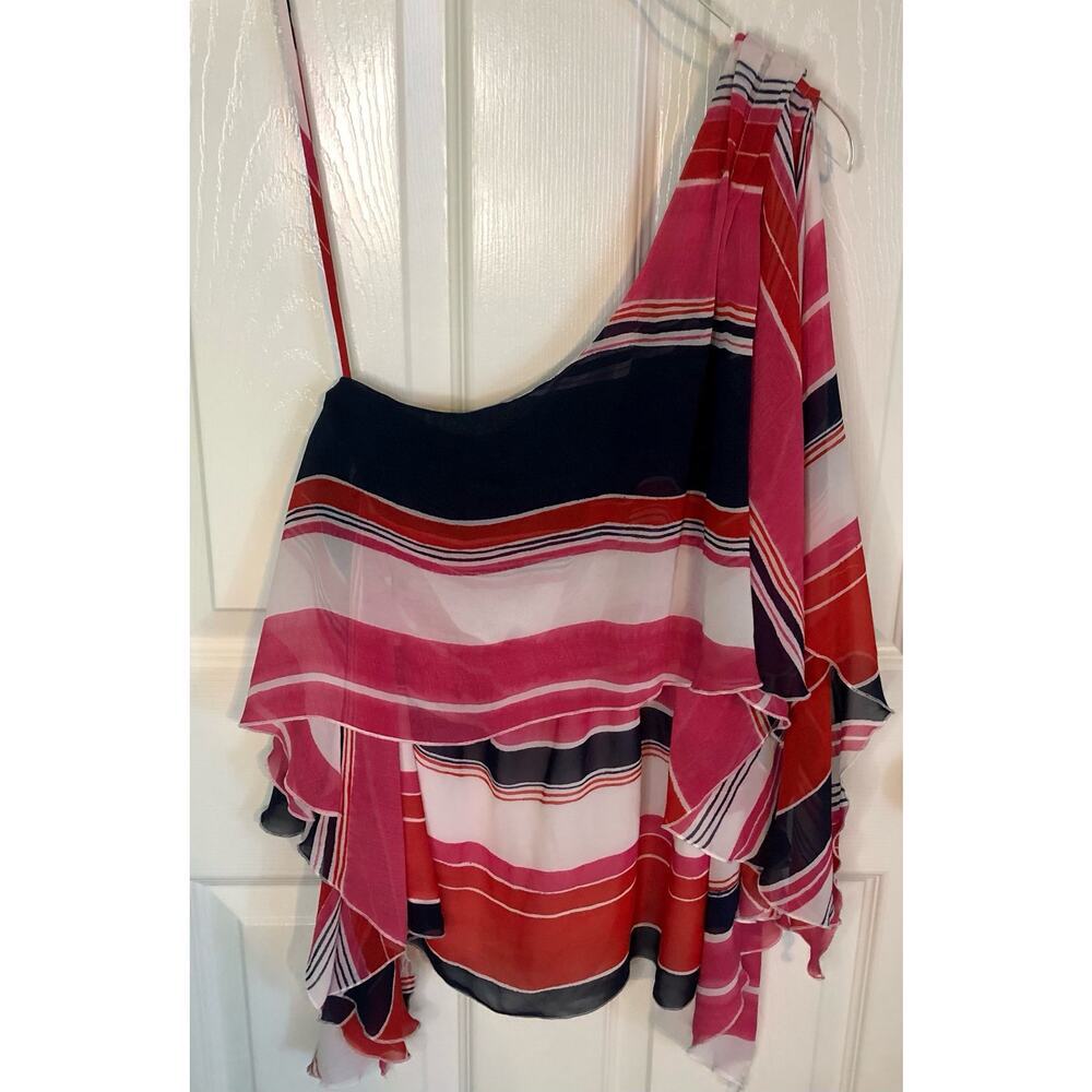 Vince Camuto One Shoulder Flowy Striped Layered Blouse Pink Red Blue Size 4